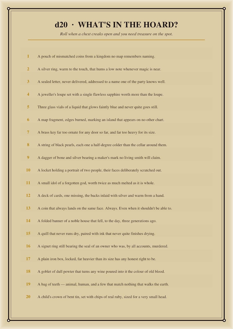 DnD Random Encounter Tables Printable - 200 d20 Results - 5e Loot, Quest Hooks, NPC and Magic Tables - A4 US Letter Instant Download image 7