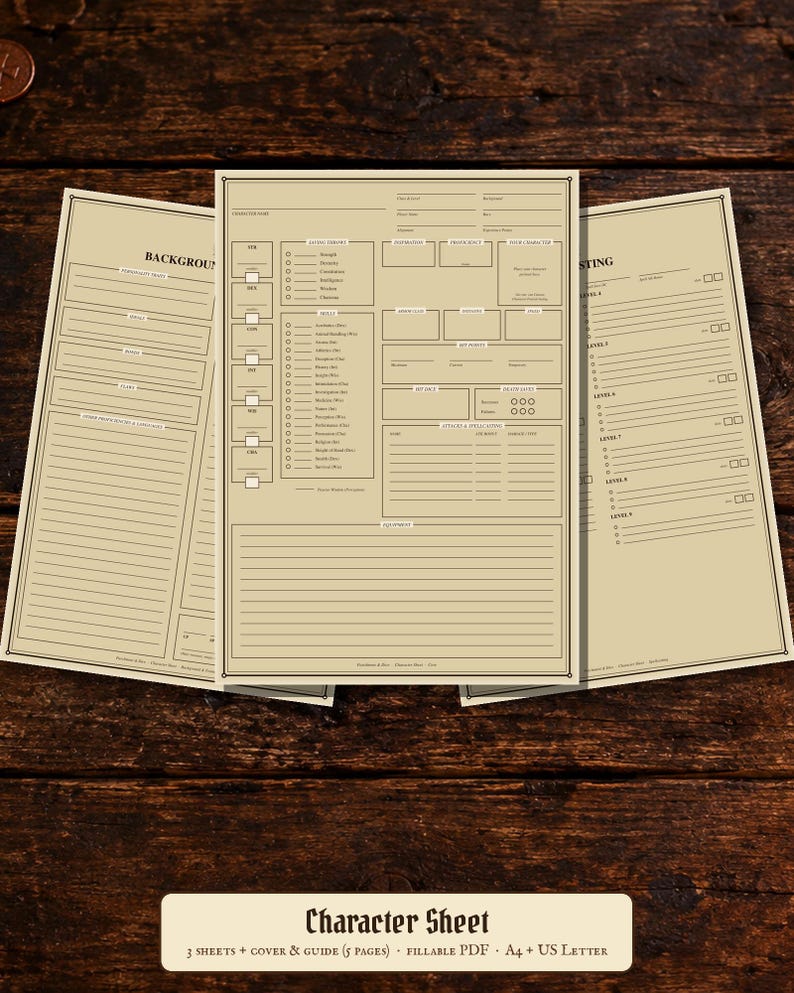 Karta postaci DnD do druku – Karta postaci 5e do wypełnienia w formacie PDF z tłem i stronami do rzucania zaklęć – format A4 i US Letter zdjęcie 1