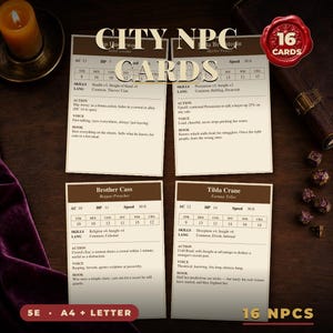 May include: Four rectangular game cards titled City NPC Cards, each featuring character statistics for Slip Underwood, Tilda Brightcoin, Brother Cass, and Tilda Crane. The cards include fields for AC, HP, Speed, Skills, Languages, Action, Voice, and Hook.