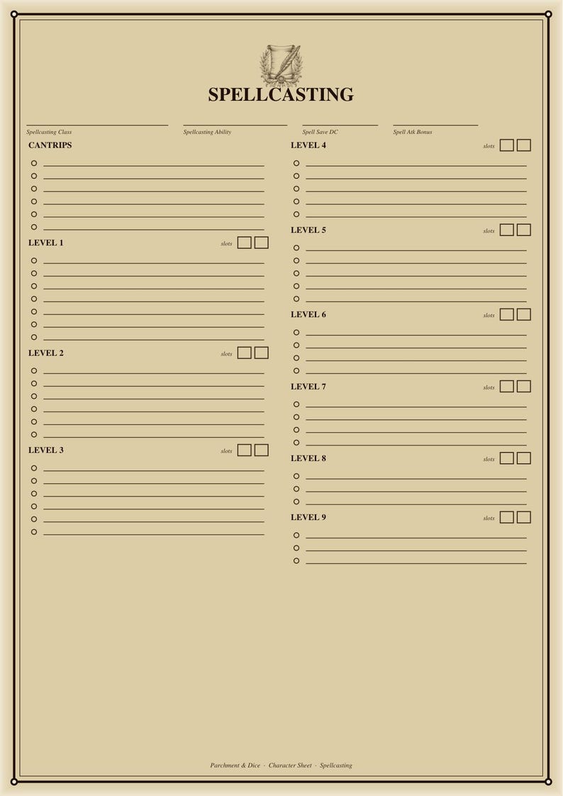 Karta postaci DnD do druku – Karta postaci 5e do wypełnienia w formacie PDF z tłem i stronami do rzucania zaklęć – format A4 i US Letter zdjęcie 7
