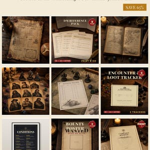 Może przedstawiać: Cyfrowy zestaw narzędzi w formacie PDF do druku dla Dungeons and Dragons, zawierający menu tawerny, pakiet referencyjny dla mistrza gry, mapę świata, karty NPC, tracker inicjatywy, tracker łupów, listę stanów postaci oraz dziennik kampanii.