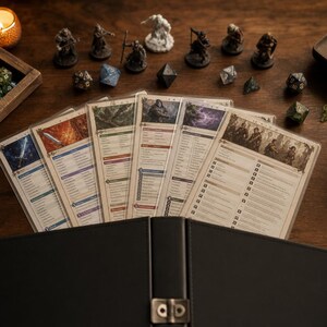 May include: A tabletop role-playing game setup featuring character sheets, dice, and miniature figurines. The character sheets are in protective sleeves, and the dice are various shapes and colors. A black leather-like folder is in the foreground.