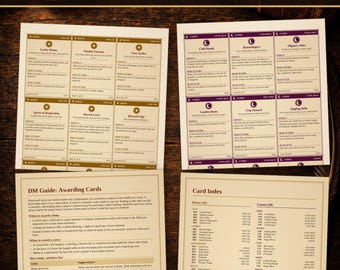 May include: A set of Boon + Curse cards for tabletop gaming, featuring 50 cards and 13 blanks. The sheets include a DM guide for awarding cards, a card index, and individual cards with titles like Lucky Penny and Cold Hands.