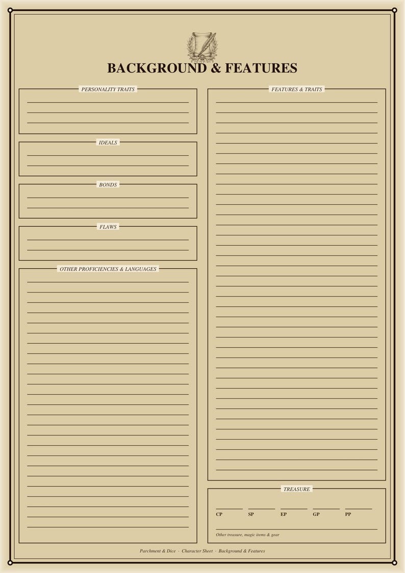 Karta postaci DnD do druku – Karta postaci 5e do wypełnienia w formacie PDF z tłem i stronami do rzucania zaklęć – format A4 i US Letter zdjęcie 6