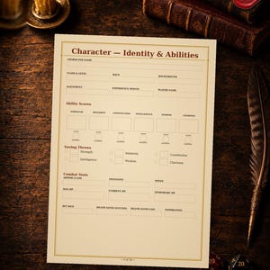 May include: A beige character identity and abilities sheet for a role-playing game. The document features sections for character name, class, level, ability scores, saving throws, and combat stats. The text is printed in black on a light paper.