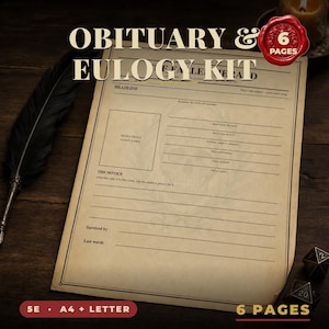Obituary and Eulogy Kit zum Ausdrucken - Nachruf auf D&D Charakter 5e PDF A4 US Letter