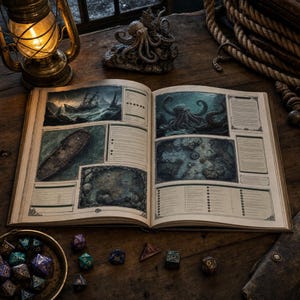 May include: An open book with fantasy illustrations of a shipwreck and an octopus, alongside a brass bowl of polyhedral dice. A lit lantern and a nautical-themed sculpture sit nearby on a wooden surface, evoking a tabletop role-playing game theme.