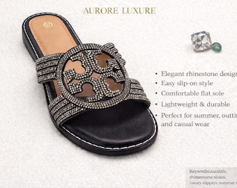 Women Rhinestone Slide Sandals – Luxury Flat Slippers (Sizes 37–42)