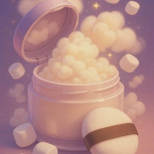 May include: A digital illustration of a jar of powder with a light purple lid, filled with fluffy, cloud-like powder. A powder puff with a brown band rests beside the jar. White marshmallow-shaped objects and clouds float around the jar, with sparkling stars in the background.