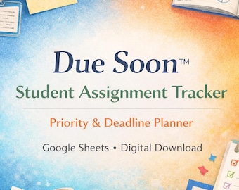 Op de afbeelding: Promotieafbeelding voor een studentenopdrachttracker met de tekst "Due Soon" en "Student Assignment Tracker". De afbeelding bevat een rugzak, een koffiekopje, een notitieblok en plakbriefjes. Een laptop en een open boek zijn ook zichtbaar.