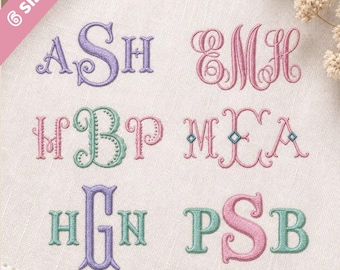6 Satin Stitch Monogram Fonts Embroidery Bundle, Alphabet Designs, BX + 11 formats, Fishtail Monogram Embroidery Font, (Instant Download)