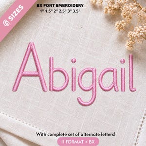May include: A pink embroidered name Abigail on a light beige fabric background. The text reads BX FONT EMBROIDERY 1" 1.5" 2" 2.5" 3" 3.5" and With complete set of alternate letters! 11 FORMAT + BX. The embroidery features a clean, sans-serif font style.