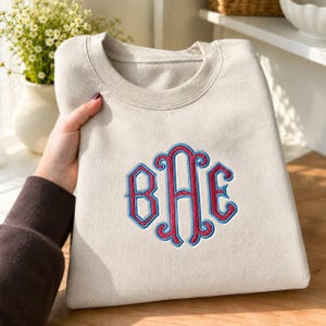 May include: A beige crewneck sweatshirt featuring a central embroidered monogram with the letters B, A, and E. The letters are stitched in a deep red thread with a bright blue outline, creating a decorative, ornate, and interlocking design.