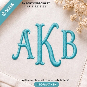 May include: Teal embroidered monogram letters AKB on white fabric. Text reads: 6 SIZES BX FONT EMBROIDERY 1" 1.5" 2" 2.5" 3" 3.5" and With complete set of alternate letters! 11 FORMAT + BX. The embroidery features a decorative serif font style.