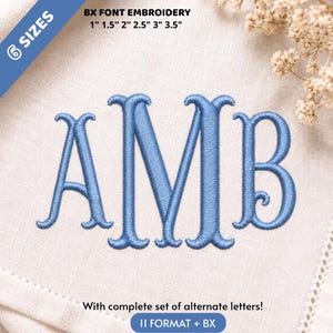 May include: Light blue embroidered monogram letters AMB on a white fabric background. Text includes 6 SIZES, BX FONT EMBROIDERY, 1" 1.5" 2" 2.5" 3" 3.5", and With complete set of alternate letters! 11 FORMAT + BX.