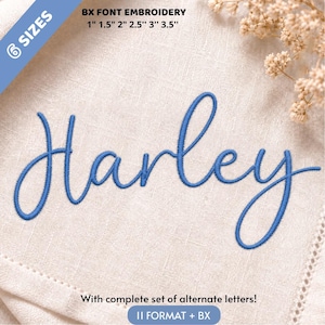 Könnte beinhalten: Ein blau gestickter Name Harley auf einem hellbeigen Stoffhintergrund. Der Text enthält 6 Größen: 2,54 cm, 3,81 cm, 5,08 cm, 6,35 cm, 7,62 cm und 8,89 cm. Das Design ist als BX-Schriftstickerei mit einem kompletten Satz alternativer Buchstaben gekennzeichnet.
