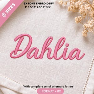 Könnte beinhalten: Rosa Stickerei des Namens Dahlia in Schreibschrift auf weißem Stoff. Der Text enthält BX FONT EMBROIDERY, 6 SIZES, 2,54 cm, 3,81 cm, 5,08 cm, 6,35 cm, 7,62 cm, 8,89 cm und With complete set of alternate letters! 11 FORMAT + BX.