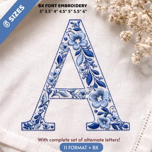 シノワズリアルファベット 7インチ A-Z 機械刺繍フォント、ブルーのエレガントなモノグラム文字、BXフォント | PES + 11種類の他の形式