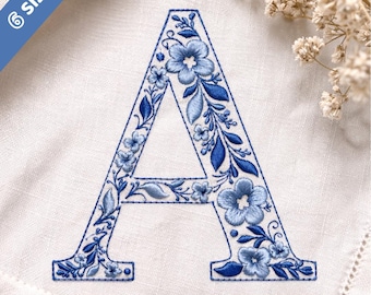Alfabeto chinoiserie de 18 cm (A-Z), fuente de bordado a máquina, letras monograma elegantes azules, fuente BX/PES y otros 11 formatos