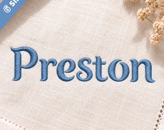 Preston Embroidery Font, Playful Serif Machine Embroidery Alphabet, Satin Stitch Name Font PeS DsT JEF VP3 EXP