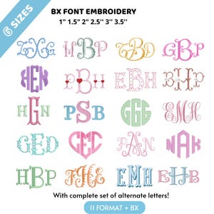 Puede incluir: Una colección digital de monogramas de bordado con fuente BX que presenta varias combinaciones de tres letras en diversos estilos y colores. El texto dice BX FONT EMBROIDERY, 6 SIZES, 1" 1.5" 2" 2.5" 3" 3.5", With complete set of alternate letters!, 11 FORMAT + BX.