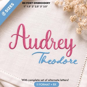 May include: An embroidery design on white fabric featuring the name Audrey in pink script and Theodore in blue script. Text includes BX FONT EMBROIDERY, 6 SIZES, 1" 1.5" 2" 2.5" 3" 3.5", With complete set of alternate letters!, and 11 FORMAT + BX.