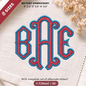May include: A machine embroidery design featuring the monogram letters BAE in a decorative font. The letters are red with a thick blue outline. Text includes 6 SIZES, BX FONT EMBROIDERY, 2" 2.5" 3" 3.5" 4" 4.5", and With complete set of alternate letters! 11 FORMAT + BX.