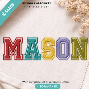 May include: The word MASON is displayed in embroidered block letters with a white outline. Each letter features a different color: red, teal, yellow, light purple, and olive green. Text above indicates 6 sizes from 1 inch to 3.5 inches.