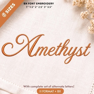 Könnte beinhalten: Gesticktes Design des Wortes "Amethyst" in einer fließenden, kursiven Schriftart in einem warmen Orangeton. Der Text ist vor einem weißen Hintergrund platziert. Das Bild enthält auch Text, der darauf hinweist, dass die Schriftart BX Font Embroidery ist, mit Größen von 2,5 cm bis 8,9 cm.