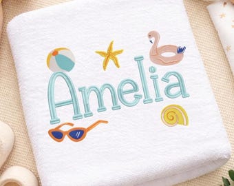 Build Your Own Summer Name Embroidery Design,Set of 5 Beach Icons + Font Bundle, Personalized Kids Baby Gift (BX Included, Instant Download)