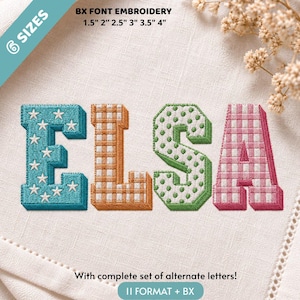 Puede incluir: El nombre ELSA se muestra en bordado estilo 3D. La E es azul cerceta con estrellas blancas, la L es de cuadros naranjas, la S es verde con puntos blancos y la A es de cuadros rosas. El texto incluye BX FONT EMBROIDERY 1.5" 2" 2.5" 3" 3.5" 4" y With complete set of alternate letters! 11 FORMAT + BX.