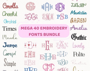 40 Machine Embroidery Fonts Bundle BX Included, Monogram Alphabet Bundle, Script Serif Embroidery Fonts, BX + 11 formats