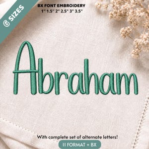 Puede incluir: El nombre Abraham está bordado en una fuente cursiva verde oscuro sobre tela beige claro. El texto superior dice 6 SIZES, BX FONT EMBROIDERY, 2,54 cm, 3,81 cm, 5,08 cm, 6,35 cm, 7,62 cm, 8,89 cm. El texto inferior dice With complete set of alternate letters! 11 FORMAT + BX.