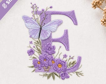 Alfabeto floral con mariposa, bordado de monograma de la A a la Z, diseño de bordado de nombre (descarga digital), 6 tamaños
