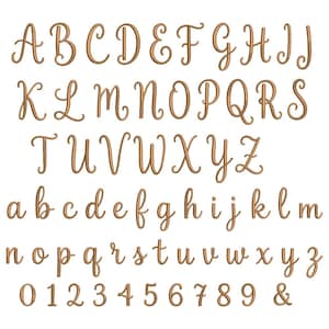 May include: A complete set of light brown embroidered letters featuring both uppercase and lowercase alphabets, along with numerals from zero to nine and an ampersand symbol. Each character is rendered in a cursive script font style.