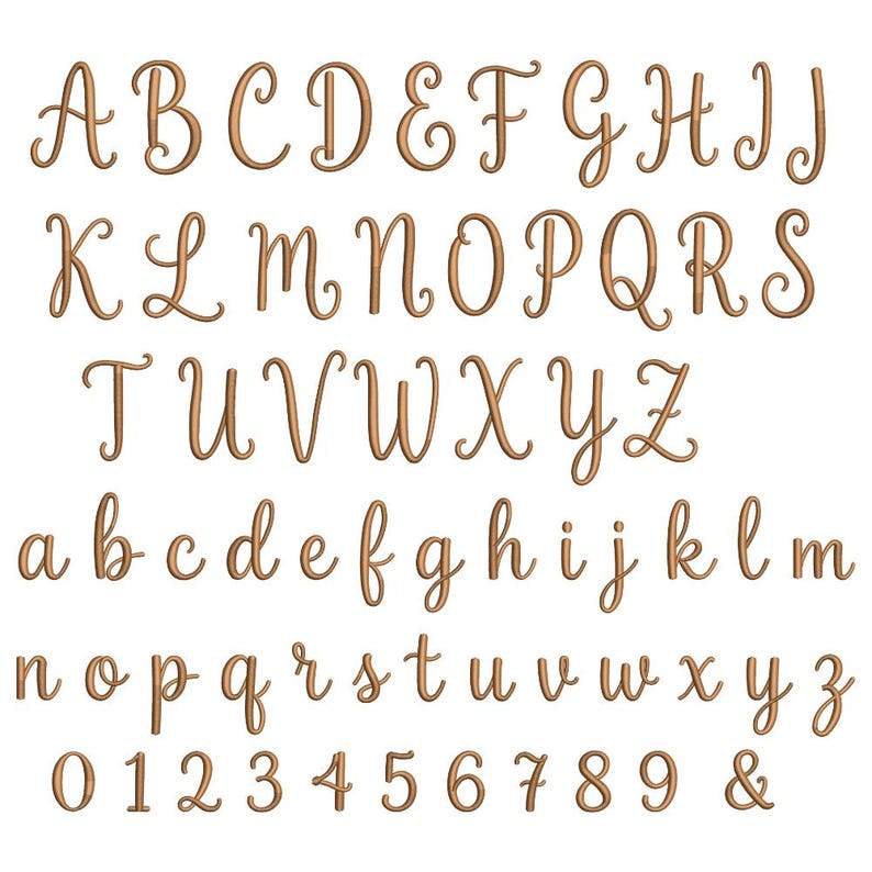 May include: A complete set of light brown embroidered letters featuring both uppercase and lowercase alphabets, along with numerals from zero to nine and an ampersand symbol. Each character is rendered in a cursive script font style.