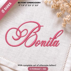 Bonita BX 刺繍フォント、エレガントなスクリプト体ミシン刺繍アルファベット、代替文字、6サイズ、サテンステッチ、デジタルダウンロード