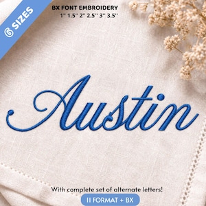May include: Blue machine embroidery of the name Austin in a cursive script font on light beige fabric. Text includes BX FONT EMBROIDERY 1" 1.5" 2" 2.5" 3" 3.5" and With complete set of alternate letters! 11 FORMAT + BX. Includes a blue corner banner.