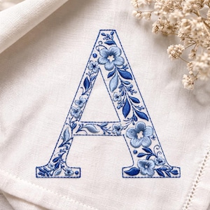 Chinoiserie-alfabetet 7 tum A-Ö maskinbroderitypsnitt, blå eleganta monogrambokstäver, BX-typsnitt | PES + 11 andra format