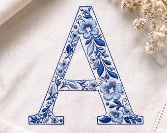 Chinoiserie Alphabet 7 Inch A-Z Machine Embroidery Font, Blue Elegant Monogram Letters, BX Font | PES + 11 other formats