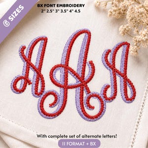 May include: An embroidery design featuring the letter A in a cursive script, layered with a red outline over a light purple fill. The text BX FONT EMBROIDERY 2" 2.5" 3" 3.5" 4" 4.5 and With complete set of alternate letters! 11 FORMAT + BX is visible.