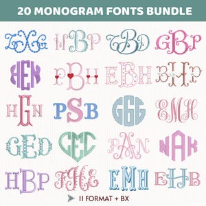 May include: A digital bundle of 20 monogram fonts in various styles and colors, including blue, pink, and green. The text "20 MONOGRAM FONTS BUNDLE" is at the top. The fonts are in II FORMAT + BX.