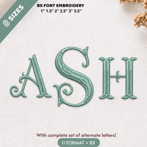 May include: Embroidered letters spelling "ASH" in a decorative font. The letters are a light teal color and feature ornate details. The image includes text indicating the font is available in 8 sizes, ranging from 1 inch to 3.5 inches.