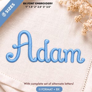 Può includere: Un ricamo a macchina color azzurro del nome Adam in carattere corsivo su tessuto bianco. Il testo indica 6 dimensioni che vanno da 2,54 cm a 8,89 cm, con un set completo di lettere alternative nei formati BX e 11.