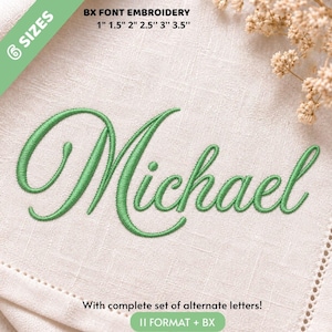 Pode incluir: Bordado verde do nome Michael em uma fonte cursiva sobre tecido bege claro. O texto inclui BX FONT EMBROIDERY, 6 SIZES, 2,54 cm, 3,81 cm, 5,08 cm, 6,35 cm, 7,62 cm, 8,89 cm, With complete set of alternate letters, 11 FORMAT + BX.