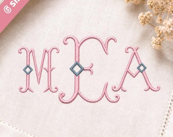 Diseños de monogramas bordados con diamantes en 6 tamaños, bordado con fuente elegante, descarga instantánea de fuente BX / PES + 11 más