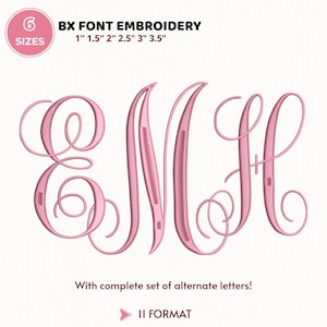 Puede incluir: Letras de monograma bordadas en rosa E, M y H en una fuente cursiva. La imagen incluye el texto "BX FONT EMBROIDERY" y enumera tamaños de 2,5 cm a 8,9 cm. También está presente el texto "With complete set of alternate letters!"