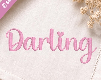 Bordado de fuente Darling, fuente de bordado de satén con forma de corazón: alfabeto de escritura fina (caja incluida, descarga instantánea)