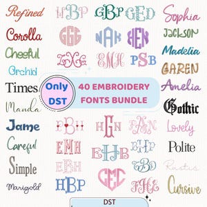 May include: A collection of 40 embroidery fonts in various styles, including script, serif, and monogram designs. The fonts are displayed in different colors, such as red, green, and blue. The text "40 EMBROIDERY FONTS BUNDLE" is also visible.
