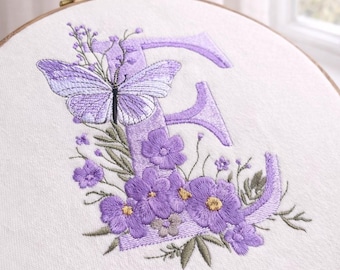 Floral Alphabet with Butterfly, Monogram Letter E Embroidery, Name Embroidery Design (Digital Download), 5 sizes